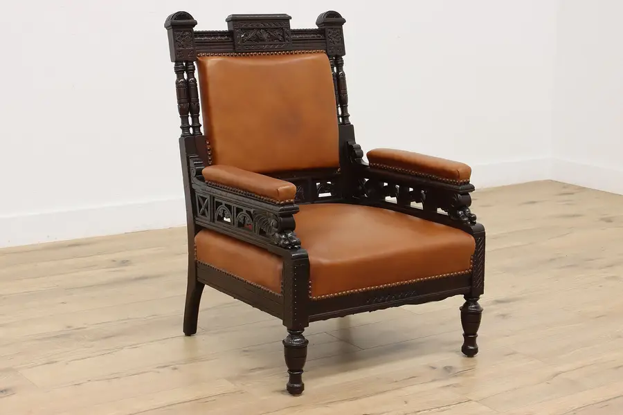Photo of Victorian Eastlake Antique Mahogany & Leather Library Chair
