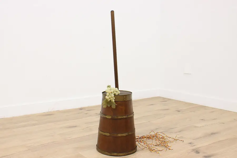 Photo of Farmhouse Antique Oak & Brass Butter Churn w/Lid & Dasher