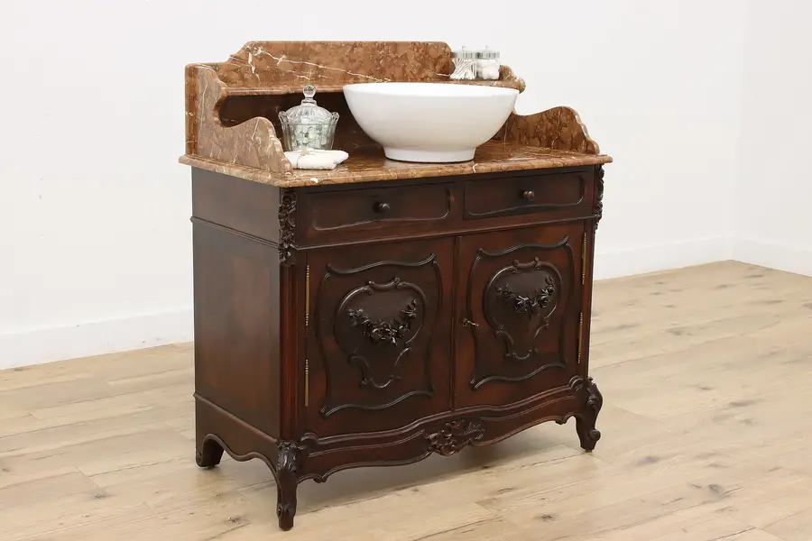 Photo of French Art Nouveau Antique Rosewood Bar or Console, Marble