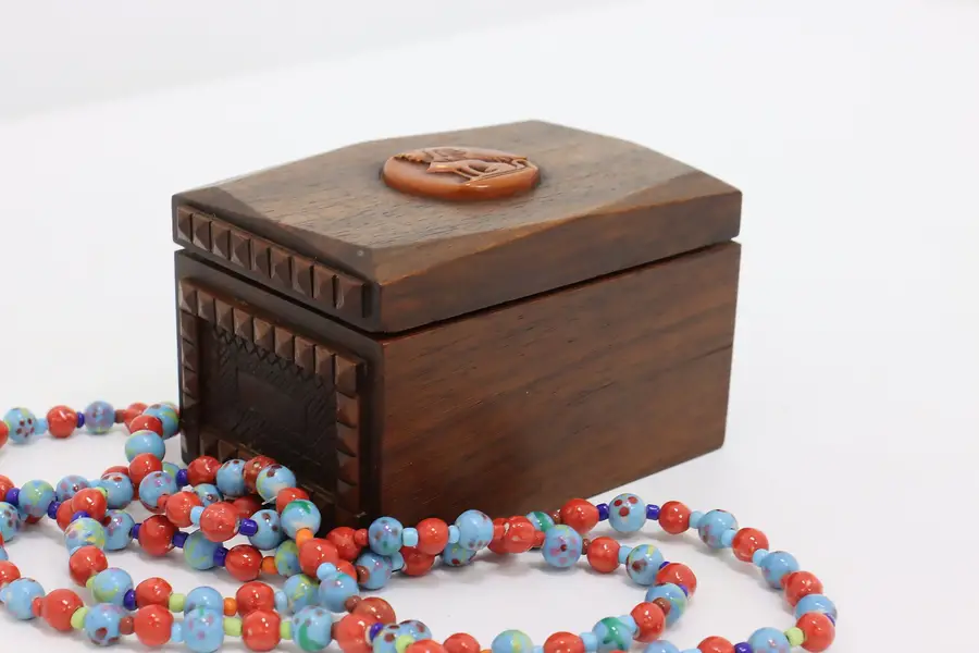 Photo of Artisan Vintage Carved Mahogany Jewelry Keepsake Box Sphinx