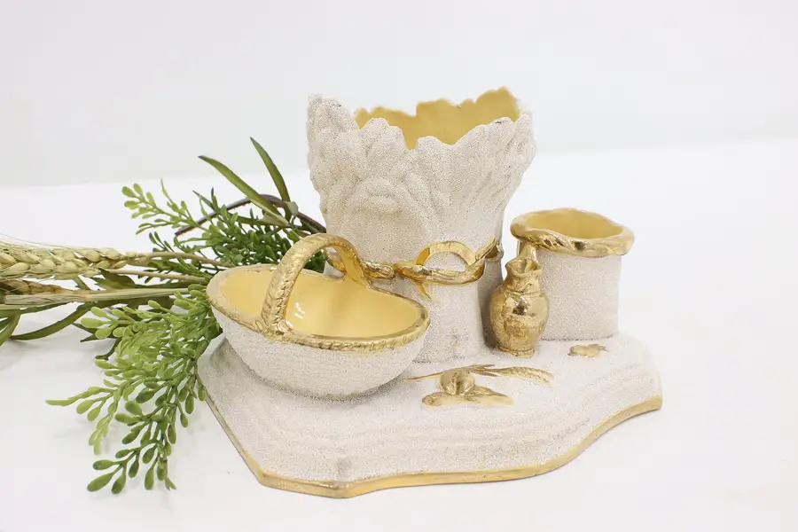 Photo of Sand Finish and Gold Ceramic Antique Desk Pen Holder
