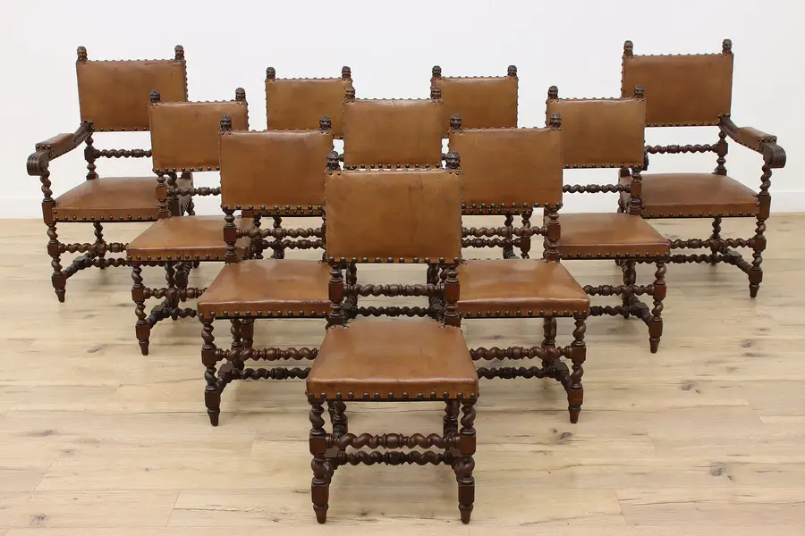 Photo of Set of 10 Antique Oak & Leather Italian Dining Chairs, Lions