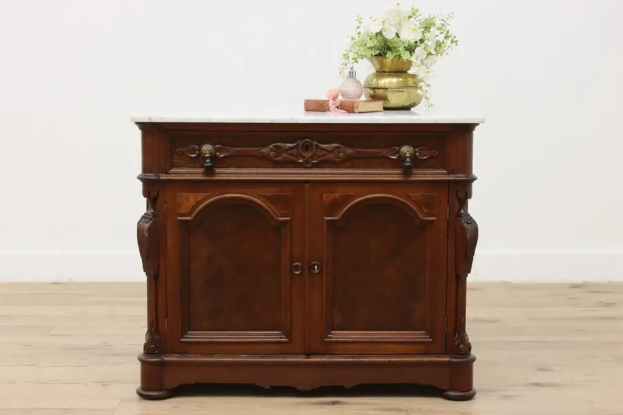Photo of Victorian Renaissance Antique Walnut Bar, Nightstand, Marble