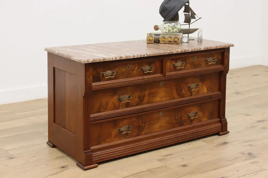 Photo of Victorian Eastlake Antique Marble Top Dresser or Chest