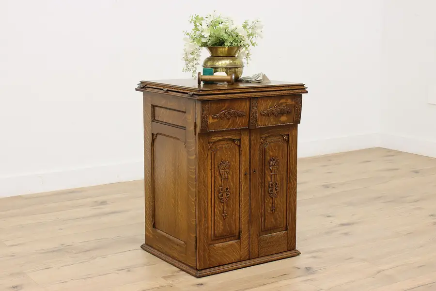 Photo of Victorian Antique Oak Sewing Machine & Cabinet, New Home