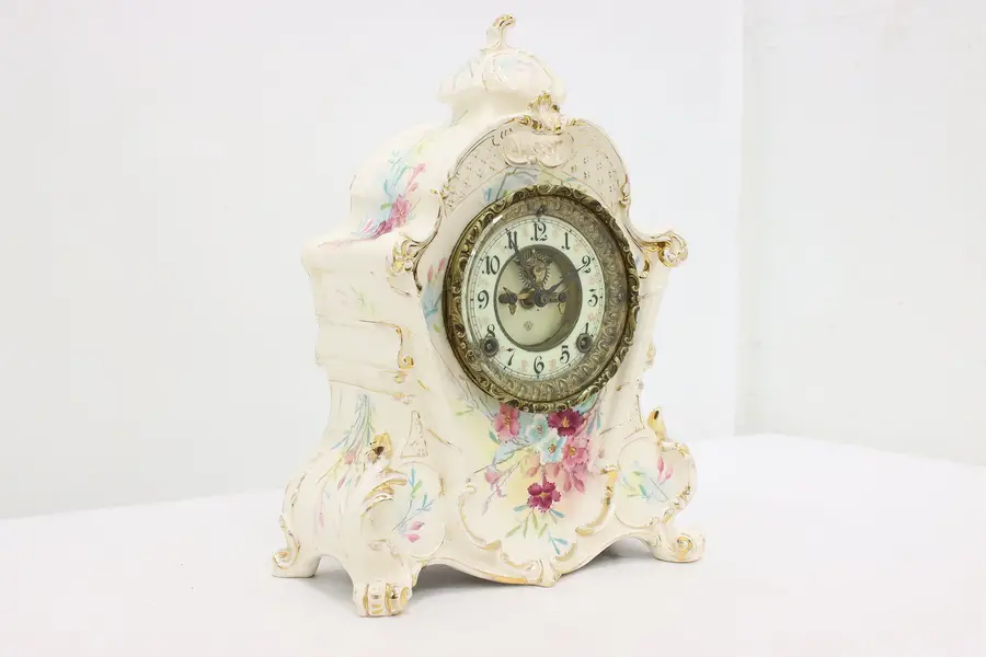 Photo of Victorian Antique Royal Bonn Porcelain Mantel Clock, Ansonia