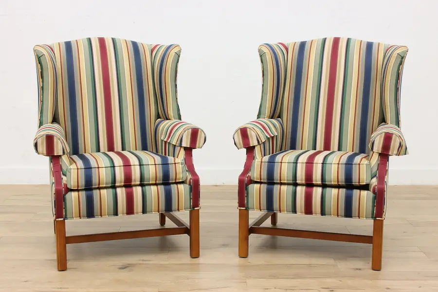 Photo of Pair of Ethan Allen Vintage Striped Library Wing Chairs