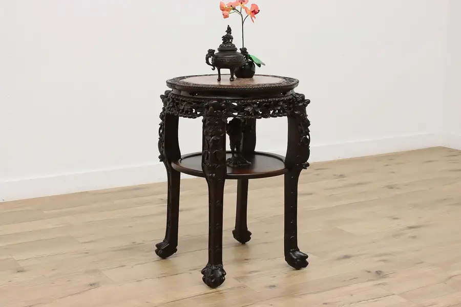 Photo of Chinese Antique Rosewood Pedestal Table, Marble, Foo Dogs
