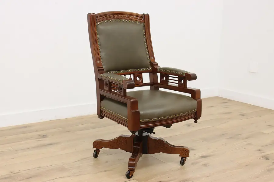 Photo of Victorian Eastlake Antique Cherry Swivel Desk Chair, Leather