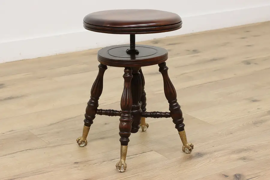 Photo of Victorian Antique Swivel Adjustable Piano Stool, Glass Feet