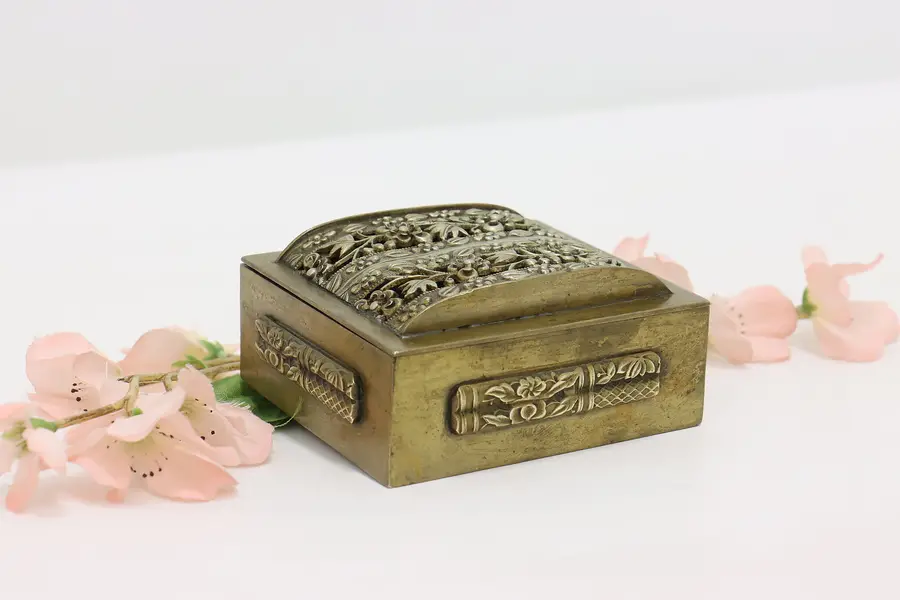 Photo of Chinese Antique Brass Jewelry or Keepsake Box, Flowers