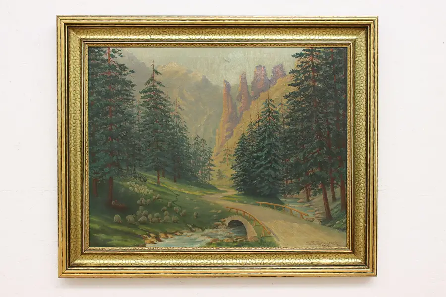 Photo of Mountain & Sheep Vintage Original Oil painting, Signed 44"