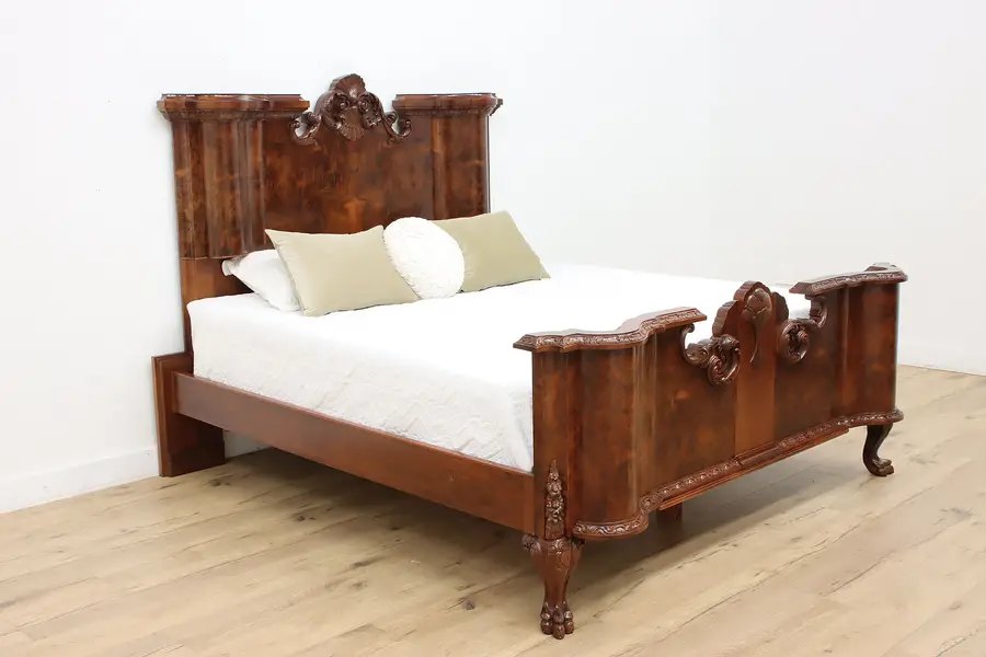 Photo of Italian Antique Carved Walnut King Size Bed, Paw Feet