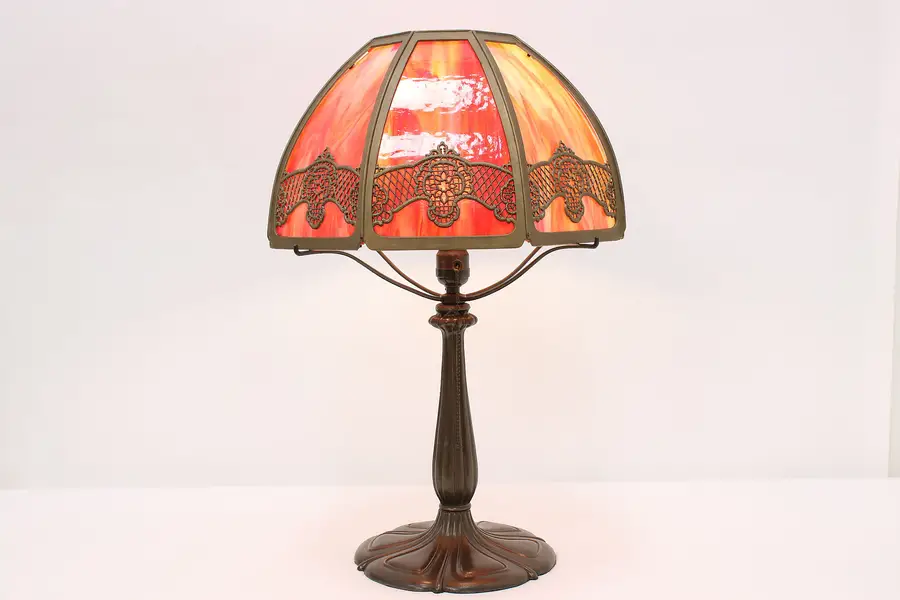 Photo of Red Stained Glass Antique Office Library Desk Lamp, Bradley