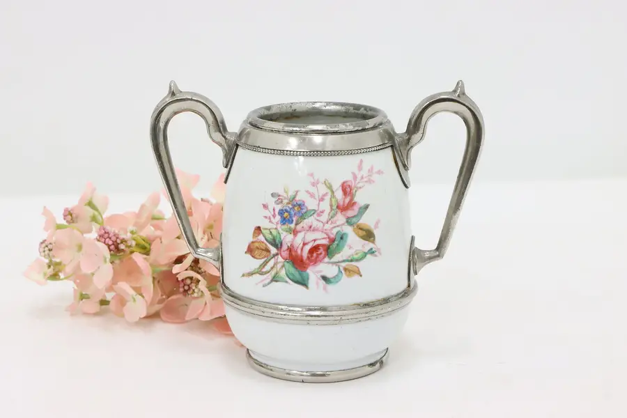 Photo of Victorian Antique Porcelain & Silver Sugar Bowl Hand Painted