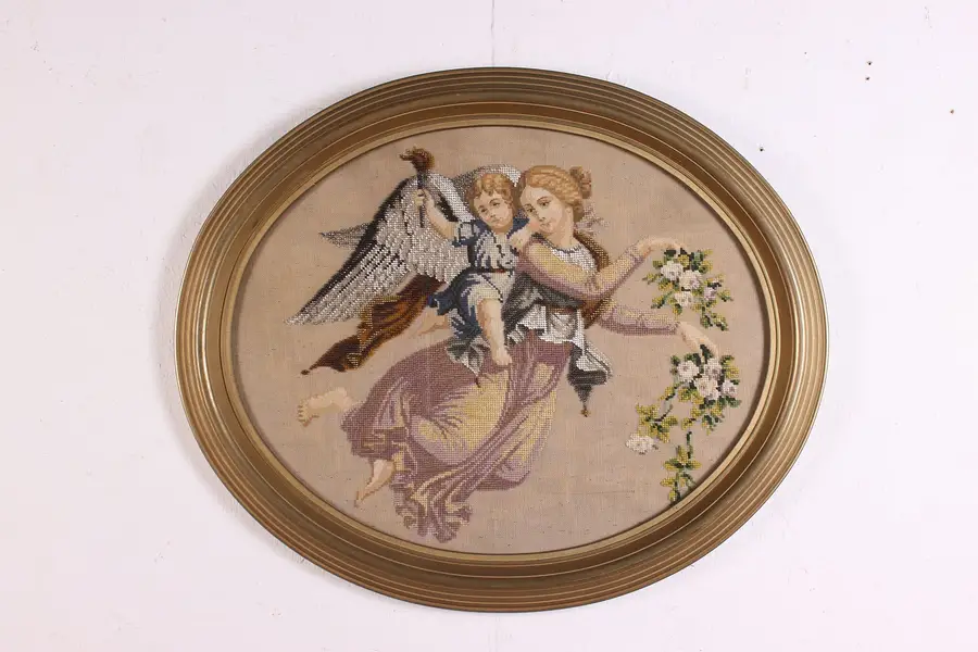 Photo of Victorian Antique Framed Woman & Cupid Needlepoint w/ Beads