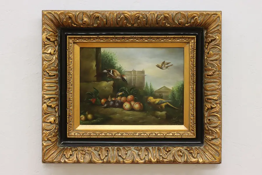 Photo of Birds & Fruit Original Antique Oil Painting, Nadd 27"