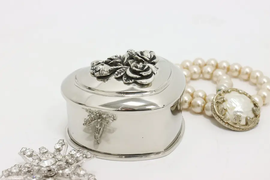 Photo of Heart Shape Vintage Silverplate Jewelry Box, Roses
