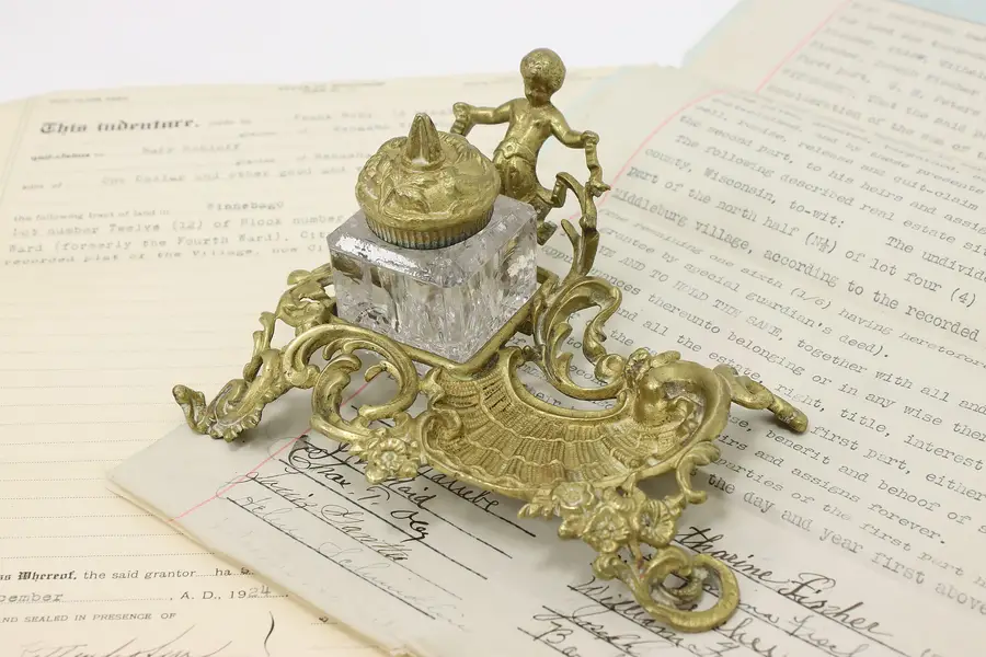 Photo of Classical Antique Brass Office Library Desk Inkwell, Cherub