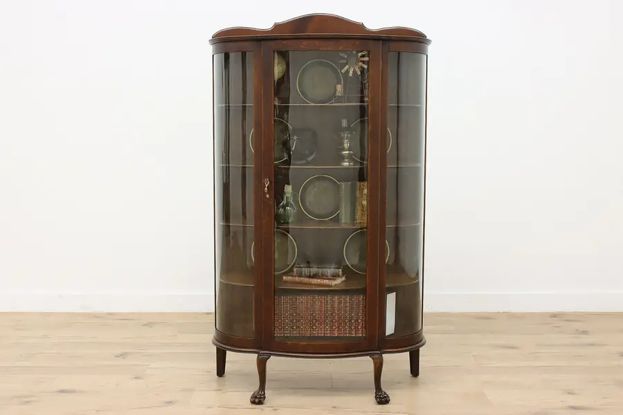 Photo of Victorian Antique Oak Curved Glass Curio China Cabinet