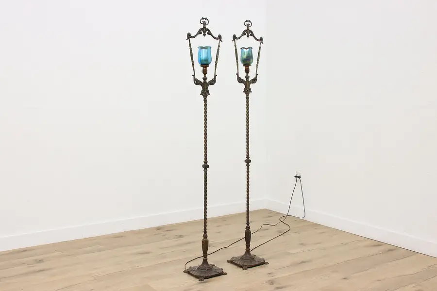 Photo of Pair of Antique Lantern Floor Lamps, Blown Art Glass Shades
