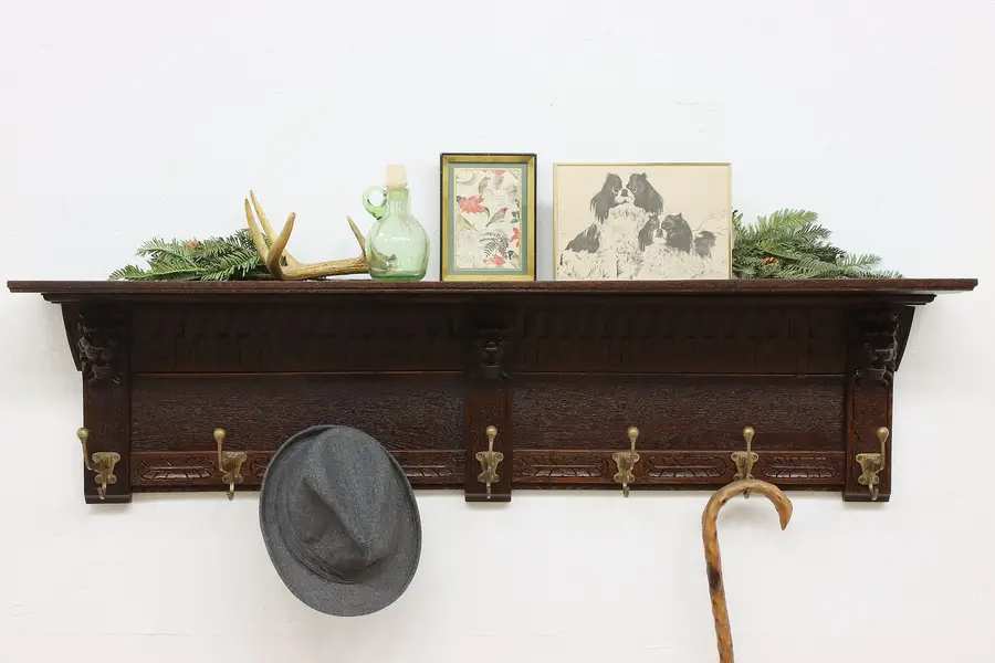Photo of Dutch Antique Oak Wall Shelf & Coat Rack, Carved Lions