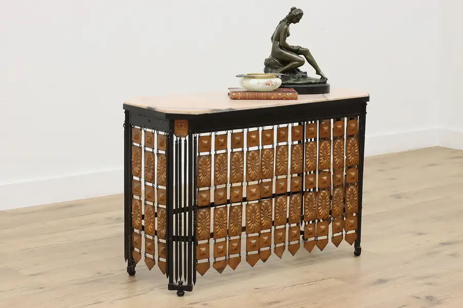Photo of Art Deco Vintage Iron & Marble Hammered Copper Console Table