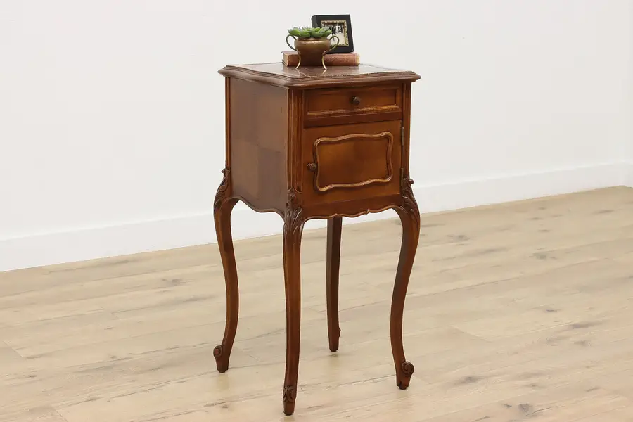 Photo of French Antique Marble Top Walnut Nightstand End Side Table