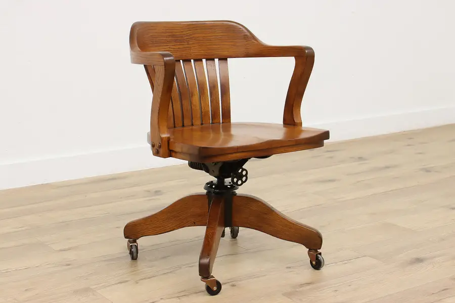 Photo of Oak Antique Swivel Adjustable Office Library Desk Chair