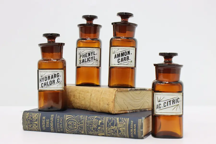 Photo of Set of 4 Antique Glass Apothecary Medicine Drug Bottles WT