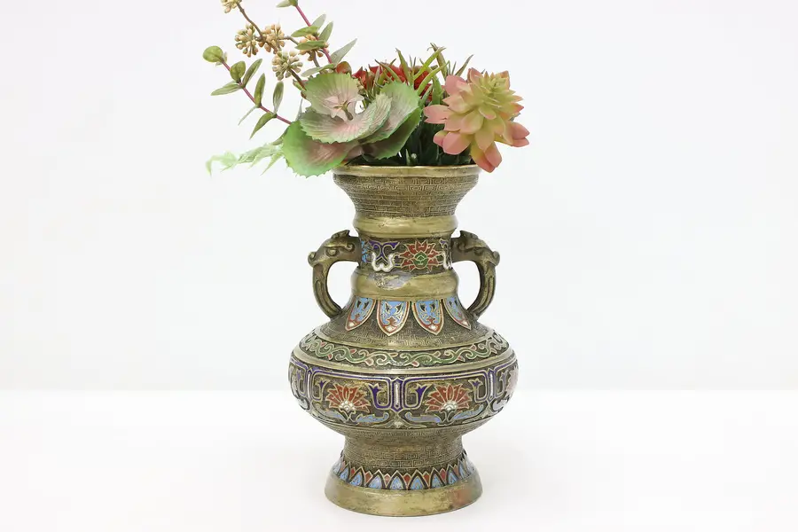 Photo of Japanese Antique Bronze & Cloisonne Enamel Vase, Dragons