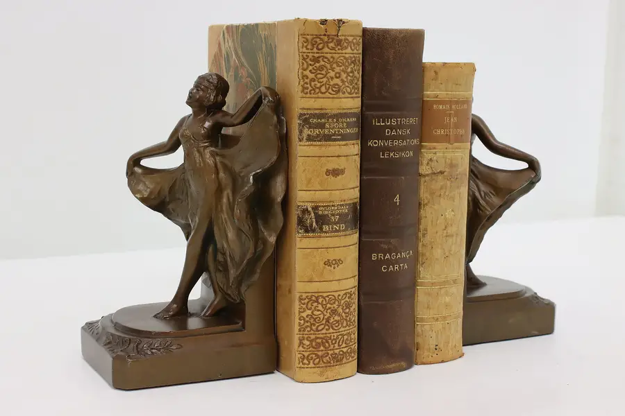 Photo of Pair Art Deco Antique Bronze Finish Dancing Women Bookends