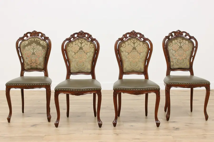 Photo of Set of 4 Italian Carved Dining or Game Chairs Leather Velvet