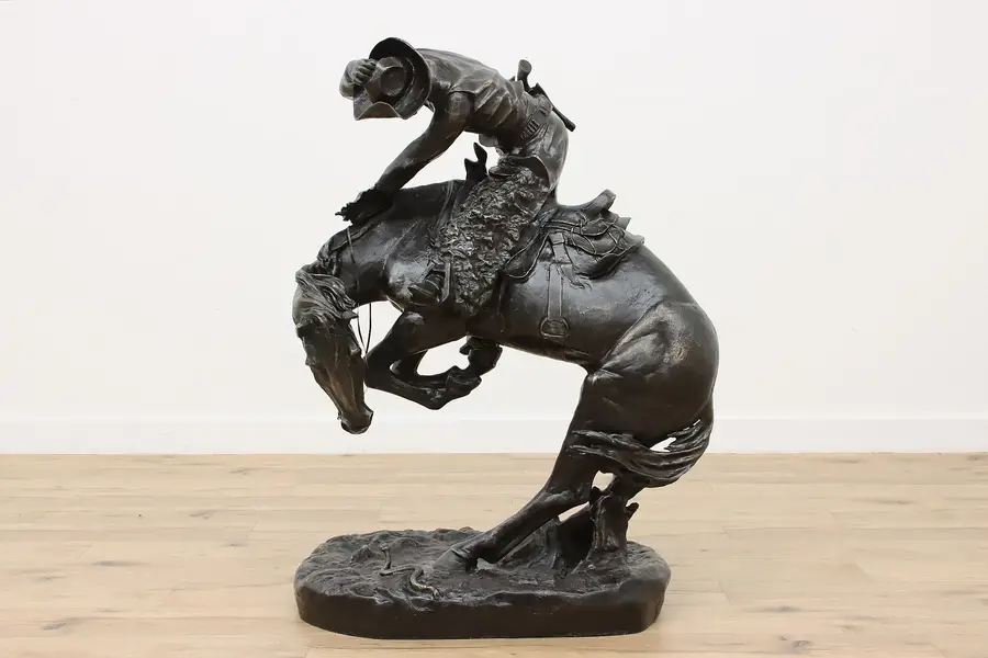 Photo of Cowboy & Mustang Vintage Bronze 50" Sculpture, Remington