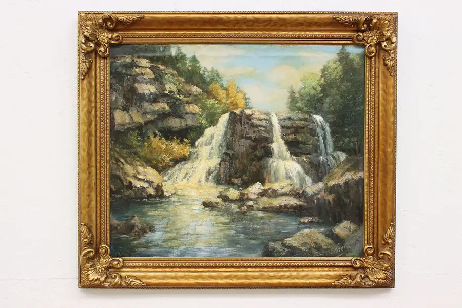Photo of Forest Waterfalls Original Vintage Oil Painting Trent 29.5"