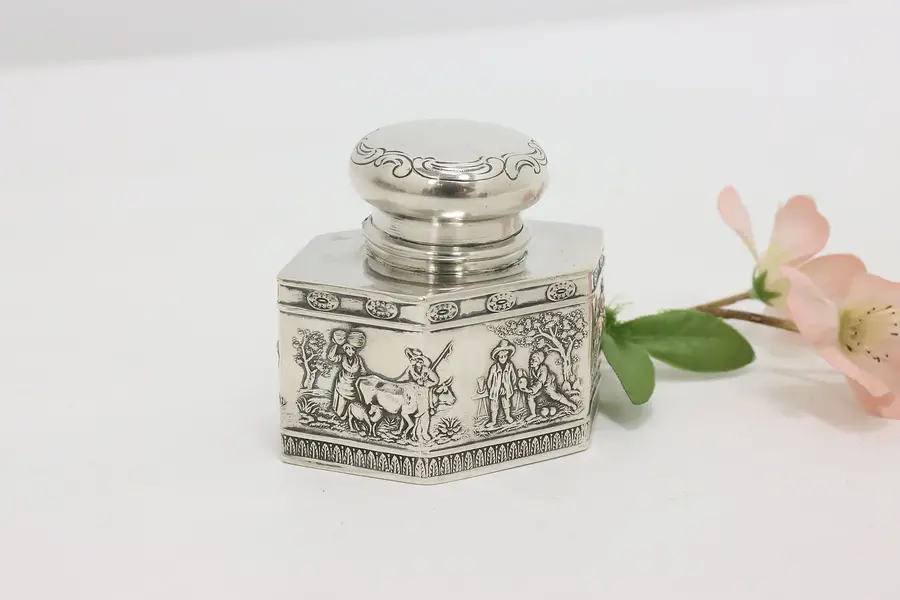 Photo of Classical Antique Silver Inkwell with Farm Scenes