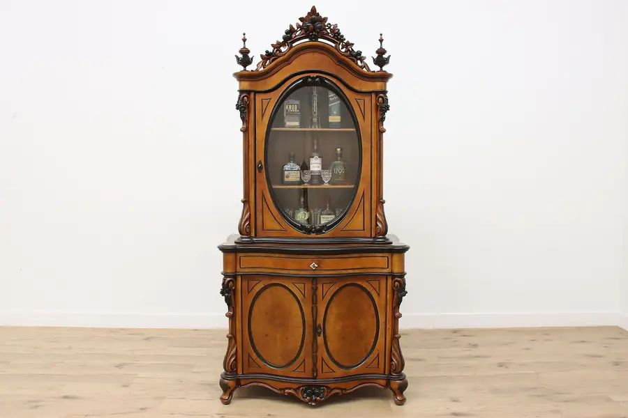 Photo of Dutch Biedermeier Antique Carved Walnut China or Bar Cabinet