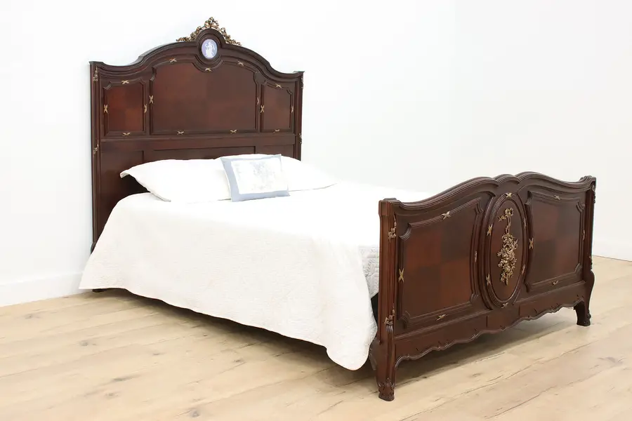 Photo of French Antique Carved Mahogany Queen Size Bed, Bronze Mounts