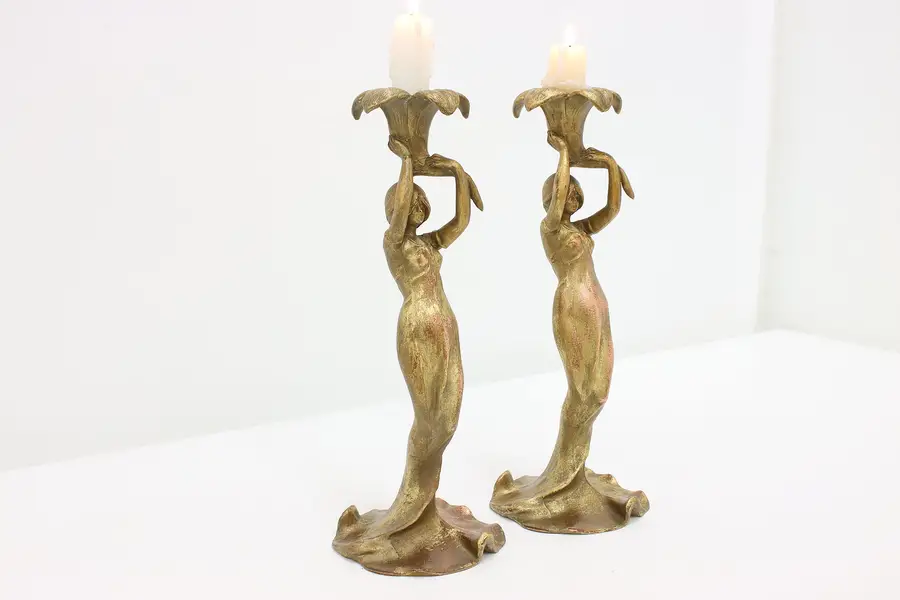 Photo of Pair of Art Nouveau Antique Woman Sculpture Candlesticks