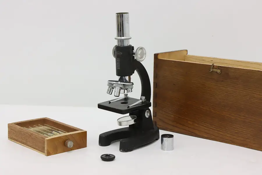 Photo of Industrial Vintage Laboratory Microscope, Case, Slides Japan
