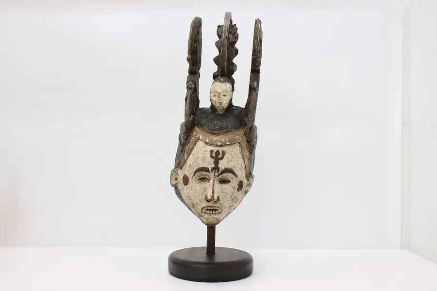 Photo of African Folk Art Vintage 3 Head Carved Painted Mask & Stand