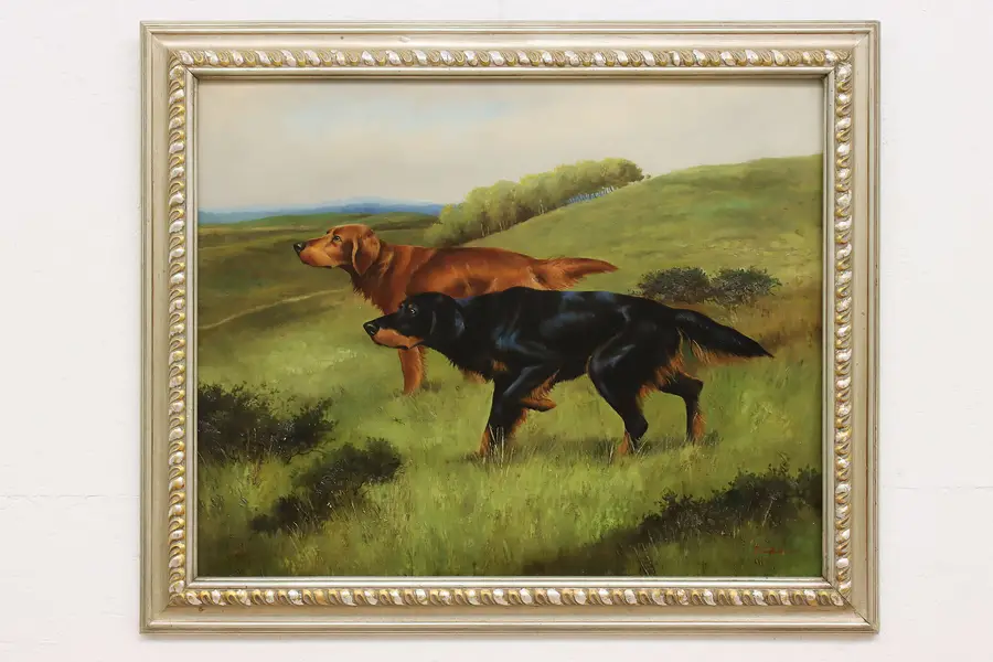 Photo of Setter Dogs Vintage Original Oil Painting English 35.5"