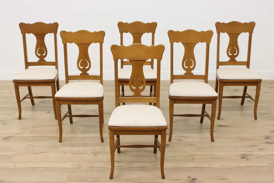 Photo of Set 6 Antique Carved Oak Dining Chairs, New Upholstery