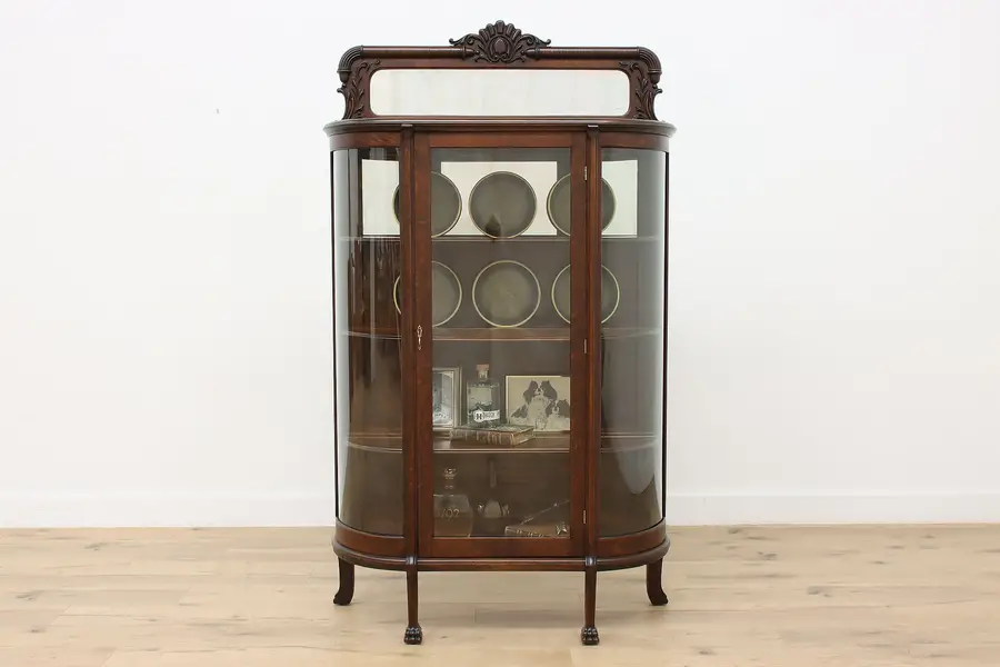 Photo of Victorian Antique Oak Curved Glass Curio or Display Cabinet