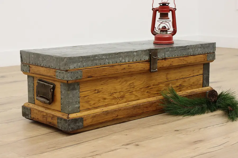 Photo of Farmhouse Antique Tin & Pine Carpenter Tool Box or Chest