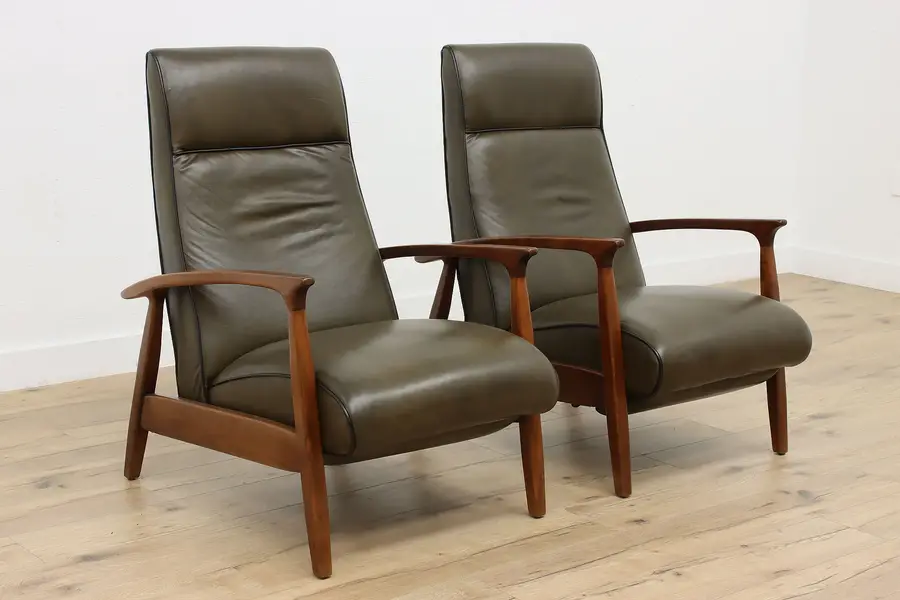 Photo of Pair Midcentury Modern Leather Recliner Chairs Motioncraft