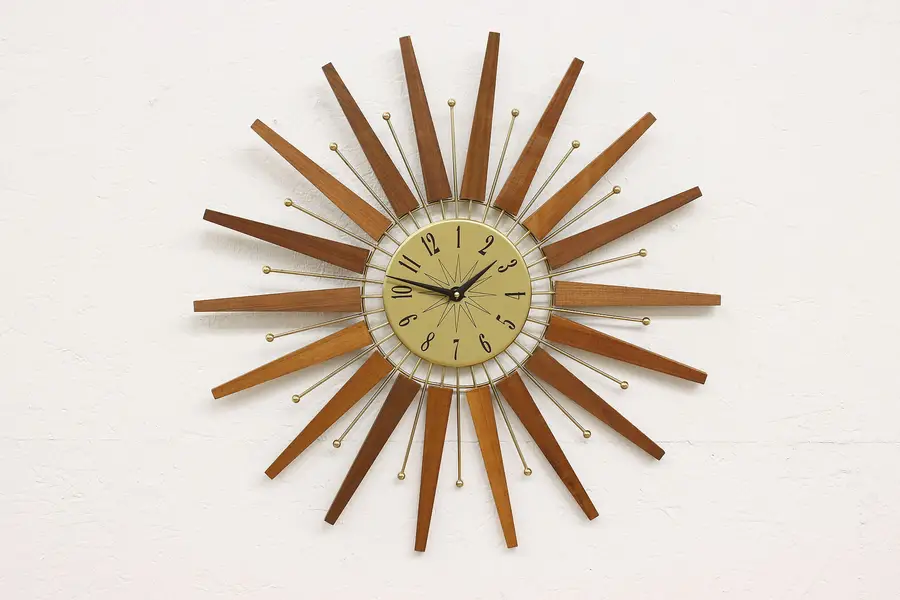 Photo of Midcentury Modern 60s Vintage Teak Sunburst Wall Clock