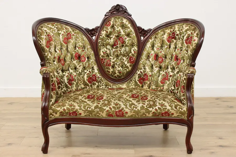 Photo of Victorian Vintage Carved Mahogany Settee or Couch, Flowers