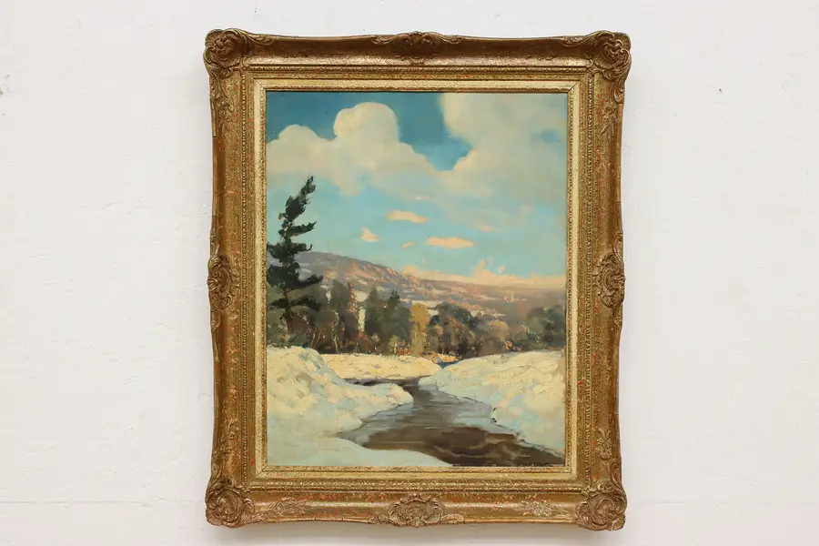Photo of Snowy River & Hills Antique Original Oil Painting Lapine 26"