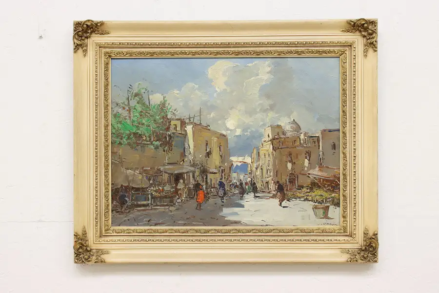 Photo of Market Scene Vintage Original Oil Painting Maresca 35"